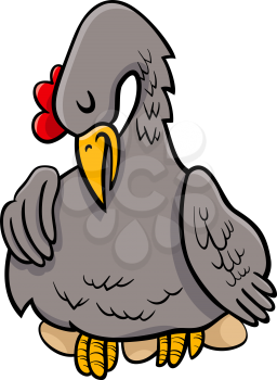 Cartoon Illustration of Funny Hen on Eggs Animal Character