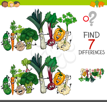 Cartoon Illustration of Finding Seven Differences Between Pictures Educational Activity Game for Kids with Vegetables Food Characters Group