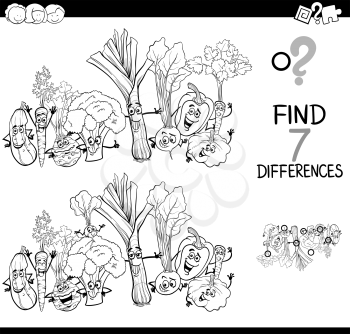 Black and White Cartoon Illustration of Finding Seven Differences Between Pictures Educational Activity Game for Kids with Vegetables Food Characters Group Coloring Book