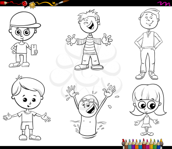 Black and White Cartoon Illustration of Children Characters Set Coloring Book