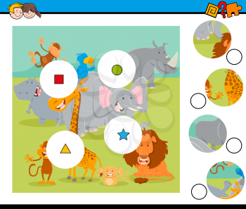 Cartoon Illustration of Educational Match the Pieces Jigsaw Puzzle Game for Children with Wild Safari Animal Characters