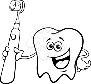 Black and White Cartoon Illustration of Happy Tooth Character with Electric Toothbrush Coloring Book