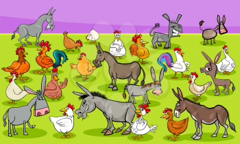 Cartoon Illustration of Funny Chickens and Donkeys Farm Animal Characters Group