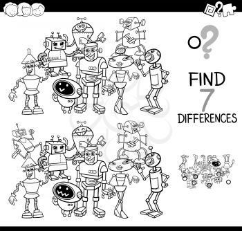 Black and White Cartoon Illustration of Finding Seven Differences Between Pictures Educational Activity Game for Kids with Robot Characters Group Coloring Book