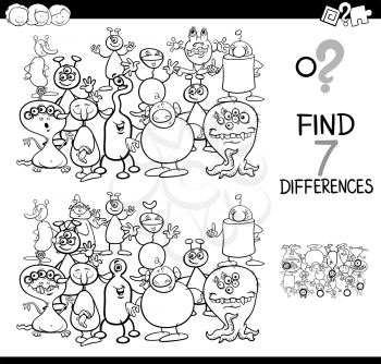 Black and White Cartoon Illustration of Finding Seven Differences Between Pictures Educational Activity Game for Kids with Alien or Monster Characters Group Coloring Book