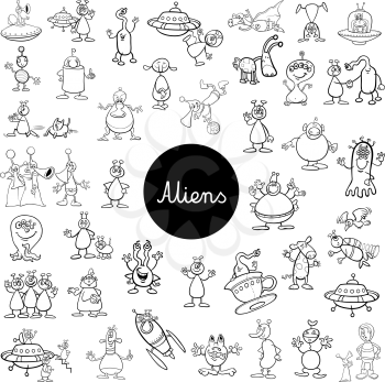 Black and White Cartoon Illustration of Aliens Fantasy Characters Huge Set