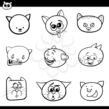 Black and White Cartoon Illustration of Cute Cats or Kittens Heads Set