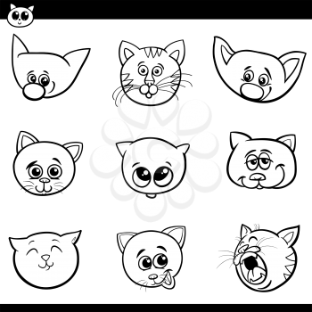 Black and White Cartoon Illustration of Funny Cats and Kittens Heads Set