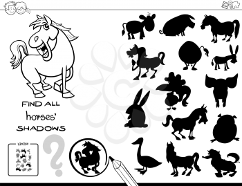 Black and White Cartoon Illustration of Finding All Horses Shadows Educational Activity for Children Coloring Book