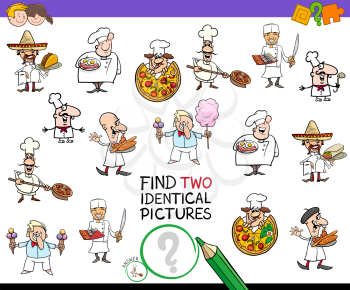 Cartoon Illustration of Finding Two Identical Pictures Educational Game for Children with Chef Characters and Food