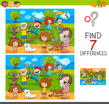 Cartoon Illustration of Finding Seven Differences Between Pictures Educational Activity Game for Kids with Children and Pets Characters Group