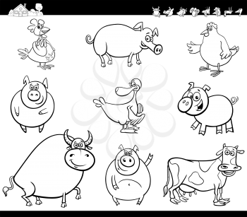 Black and White Cartoon Illustration of Cute Funny Farm Animal Characters Set Coloring Book