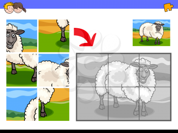 Cartoon Illustration of Educational Jigsaw Puzzle Activity Game for Children with Funny Sheep Farm Animal Character