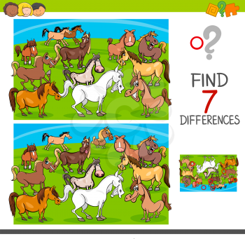 Cartoon Illustration of Finding Seven Differences Between Pictures Educational Activity Game for Children with Horses Farm Animal Characters Group