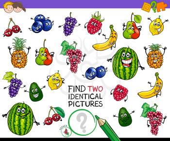 Cartoon Illustration of Finding Two Identical Pictures Educational Game for Children with Fruit Characters