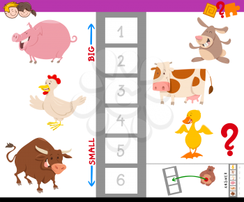 Cartoon Illustration of Educational Game of Finding the Largest and the Smallest Farm Animal with Cute Characters for Children