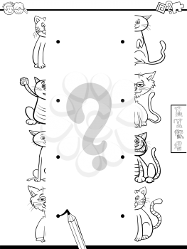 Black and White Cartoon Illustration of Educational Game of Matching Halves of Cats Animal Characters Coloring Book