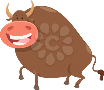 Cartoon Illustration of Funny Happy Bull Farm Animal Character