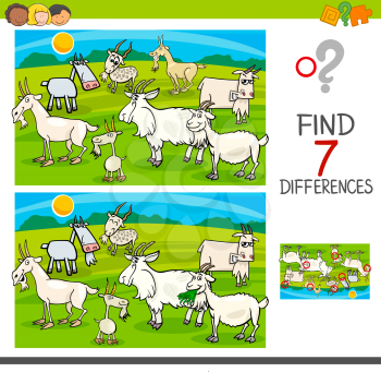 Cartoon Illustration of Finding Seven Differences Between Pictures Educational Activity Game for Children with Goats Farm Animal Characters Group