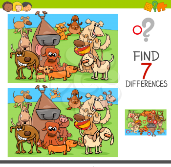 Cartoon Illustration of Finding Seven Differences Between Pictures Educational Activity Game for Children with Funny Dogs Animal Characters Group