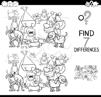 Black and White Cartoon Illustration of Finding Seven Differences Between Pictures Educational Activity Game for Children with Funny Dogs Animal Characters Group Coloring Book