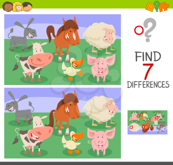 Cartoon Illustration of Finding Seven Differences Between Pictures Educational Activity Game for Children with Farm Animal Characters