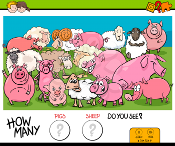 Cartoon Illustration of Educational Counting Game for Children with Pigs and Sheep Farm Animals Characters Group