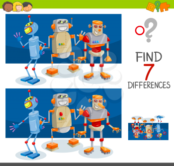 Cartoon Illustration of Finding Seven Differences Between Pictures Educational Activity Game for Children with Robot Characters Group