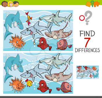 Cartoon Illustration of Finding Seven Differences Between Pictures Educational Activity Game for Kids with Fish Marine Animal Characters Group