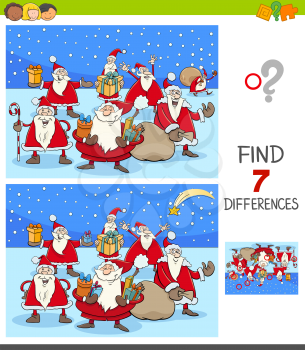 Cartoon Illustration of Finding Seven Differences Between Pictures Educational Game for Kids with Santa Claus Christmas Characters