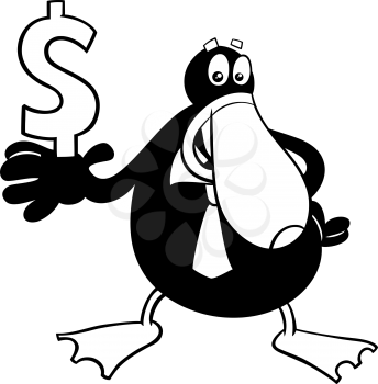Black and White Cartoon Illustration of Duck Businessman Animal Character with Dollar Sign Coloring Book