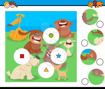 Cartoon Illustration of Educational Match the Pieces Jigsaw Puzzle Game for Children with Funny Dogs Animal Characters Group