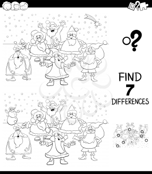Black and White Cartoon Illustration of Finding Seven Differences Between Pictures Educational Game for Children with Santa Claus Christmas Characters Coloring Book