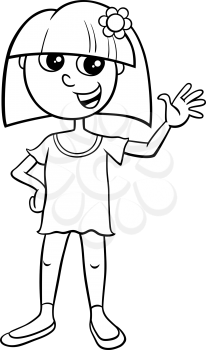 Black and White Cartoon Illustration of Funny Elementary or Teen Age Girl Character Coloring Book