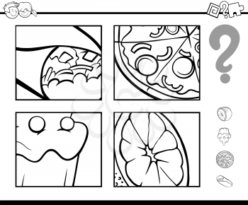 Black and White Cartoon Illustration of Educational Activity Game of Guessing Food Objects for Children Coloring Book