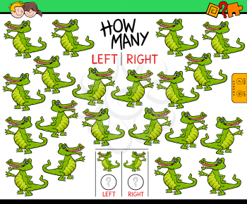 Cartoon Illustration of Educational Game of Counting Left and Right Oriented Pictures for Children with Funny Crocodile Character