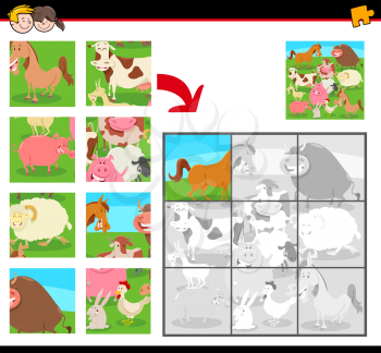 Cartoon Illustration of Educational Jigsaw Puzzle Activity Game for Children with Farm Animals