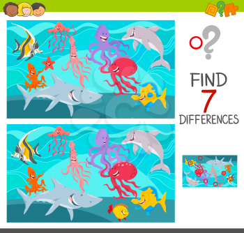 Cartoon Illustration of Finding Seven Differences Between Pictures Educational Game for Children with Sea Life Characters