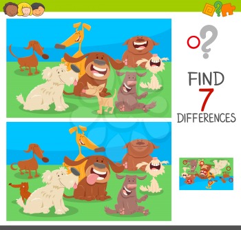 Cartoon Illustration of Finding Seven Differences Between Pictures Educational Game for Children with Dog Characters