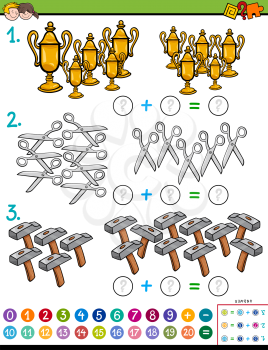 Cartoon Illustration of Educational Mathematical Addition Calculation Puzzle Game for Preschool and Elementary Age Children with Objects