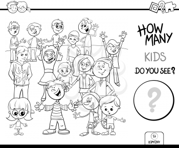 Black and White Cartoon Illustration of Educational Counting Activity Game for Children with Kid Characters Coloring Book