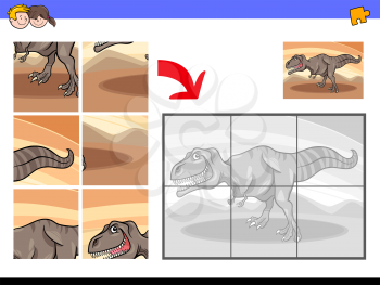 Cartoon Illustration of Educational Jigsaw Puzzle Activity Game for Children with Tyrannosaurus Dinosaur Animal Character