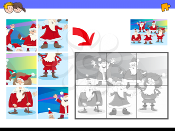 Cartoon Illustration of Educational Jigsaw Puzzle Activity Game for Children with Santa Claus Christmas Characters