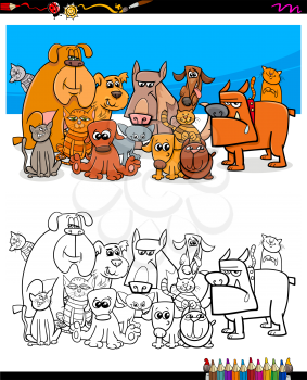 Cartoon Illustration of Dogs and Cats Animal Characters Group Coloring Book Worksheet