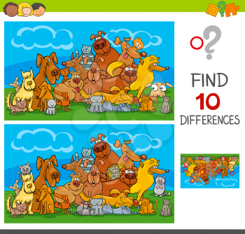 Cartoon Illustration of Finding Ten Differences Between Pictures Educational Game for Children with Cats and Dogs Animal Characters