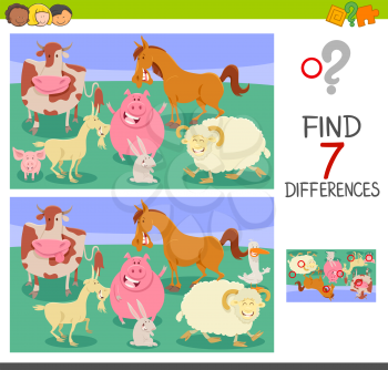 Cartoon Illustration of Finding Seven Differences Between Pictures Educational Game for Children with Farm Animals Characters