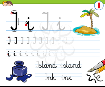 Cartoon Illustration of Writing Skills Practice with Letter I for Preschool and Elementary Age Children