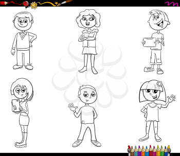 Black and White Cartoon Illustration of Teen and Children Characters Set Coloring Book