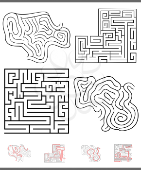 Illustration of Black and White Mazes or Labyrinths Leisure Games Set with Solutions