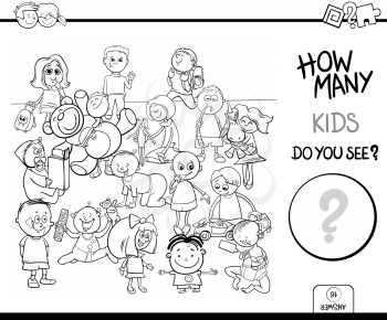 Black and White Cartoon Illustration of Educational Counting Activity Game with Kid Characters Coloring Book